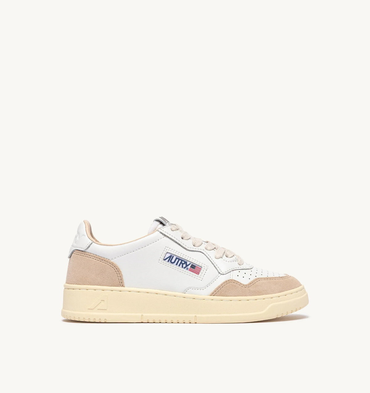 Medalist Low Sneaker – White Leather & Beige Suede