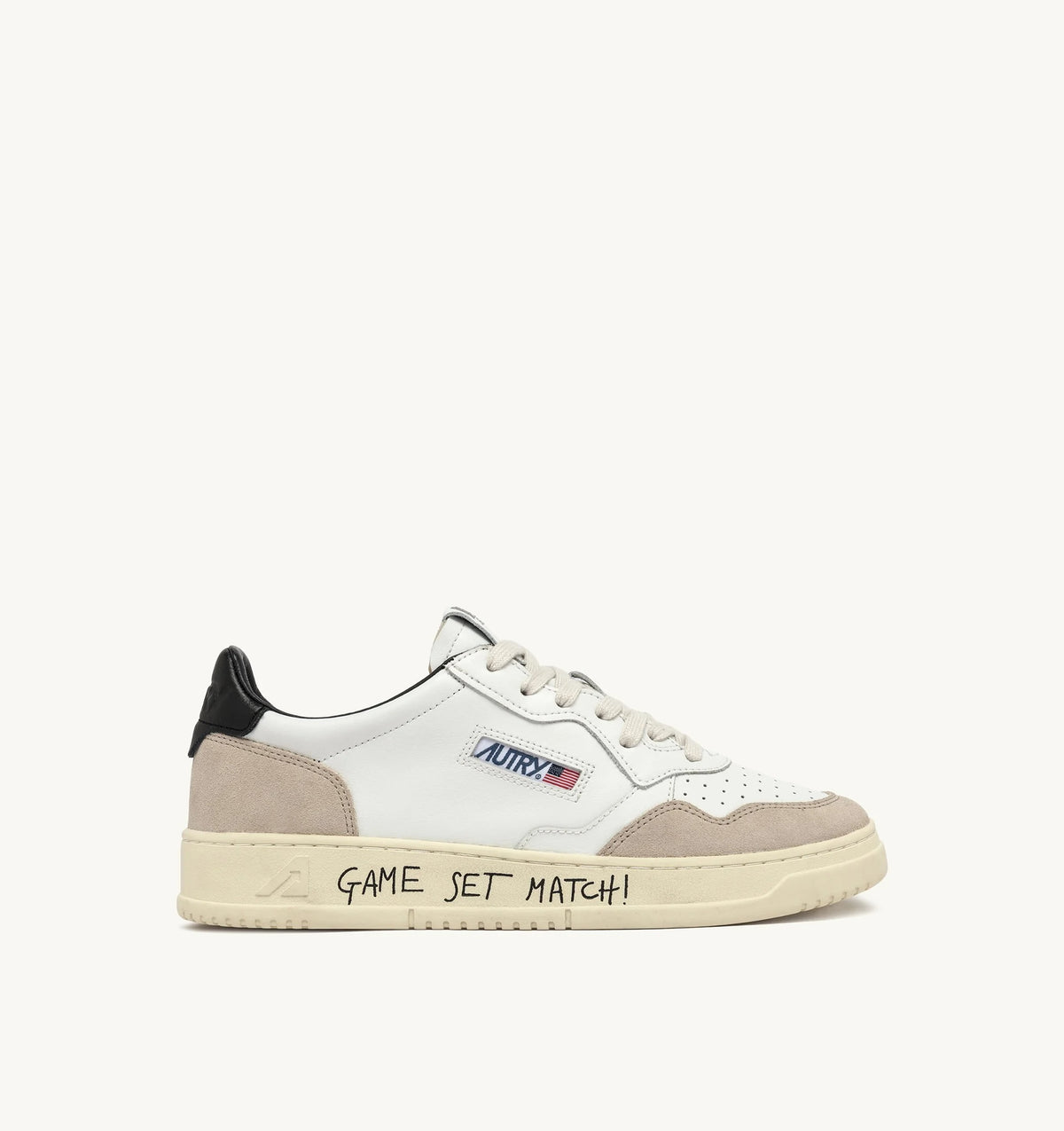 Medalist Low Sneaker – White/Black Leather & Suede with Lettering