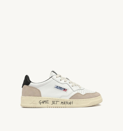 Medalist Low Sneaker – White/Black Leather & Suede with Lettering