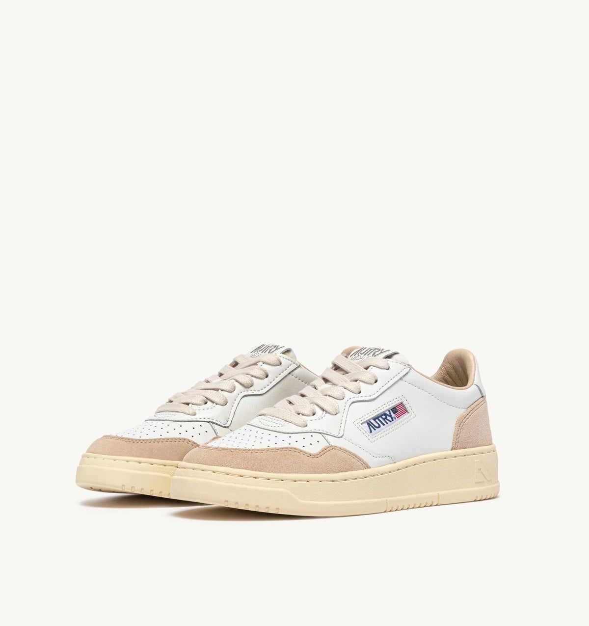 Medalist Low Sneaker – White Leather & Beige Suede