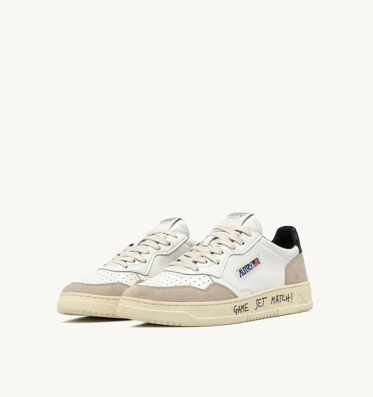 Medalist Low Sneaker – White/Black Leather & Suede with Lettering