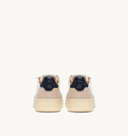 Medalist Low Sneaker – White/Blue Leather & Beige Suede