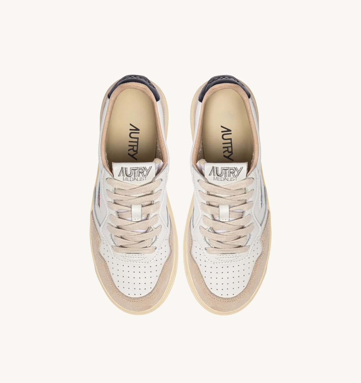 Medalist Low Sneaker – White/Blue Leather & Beige Suede