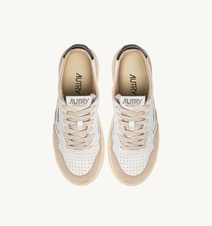 Medalist Low Sneaker – White/Blue Leather & Beige Suede