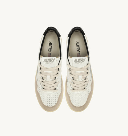 Medalist Low Sneaker – White/Black Leather & Suede with Lettering