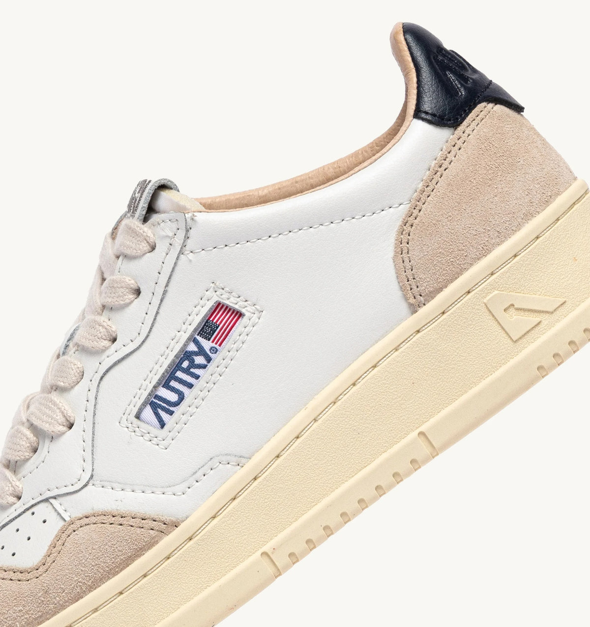 Medalist Low Sneaker – White/Blue Leather & Beige Suede